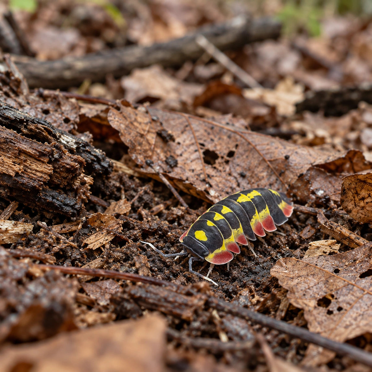 AI-generated reference-guided wide habitat view of Ardentiella sp. "Red Diablo" isopods.