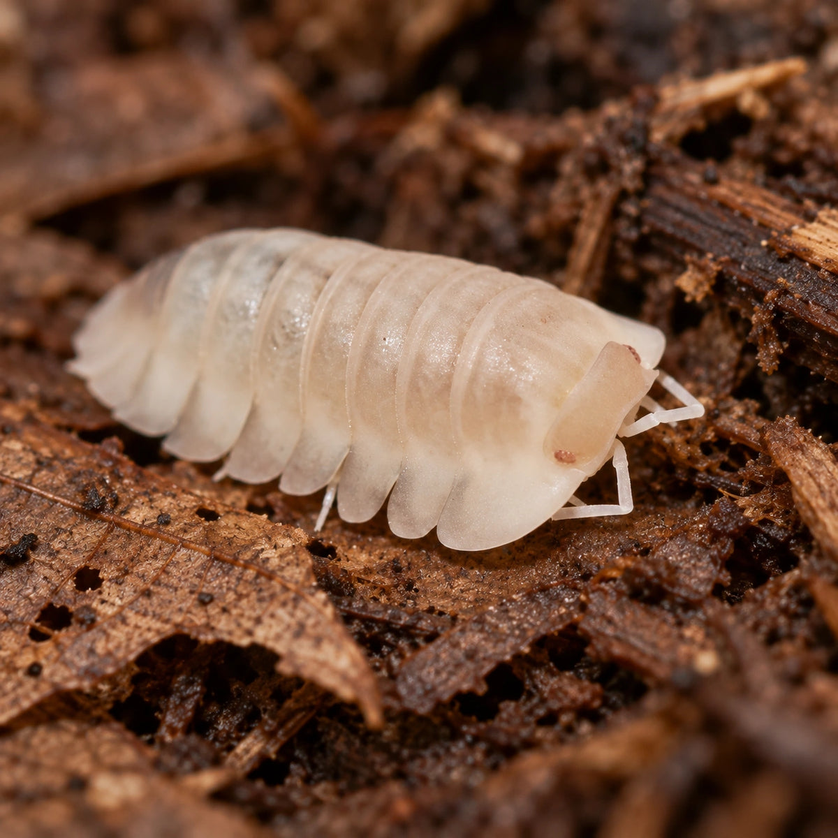AI-generated reference-guided close view of Cubaris sp. "Red Edge Albino" isopods.
