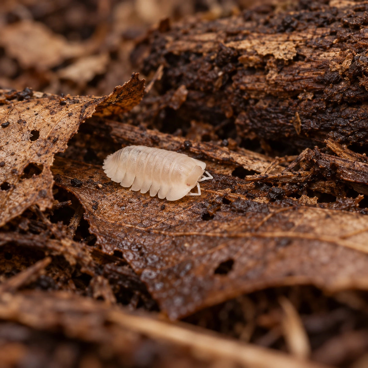 AI-generated reference-guided wide habitat view of Cubaris sp. "Red Edge Albino" isopods.