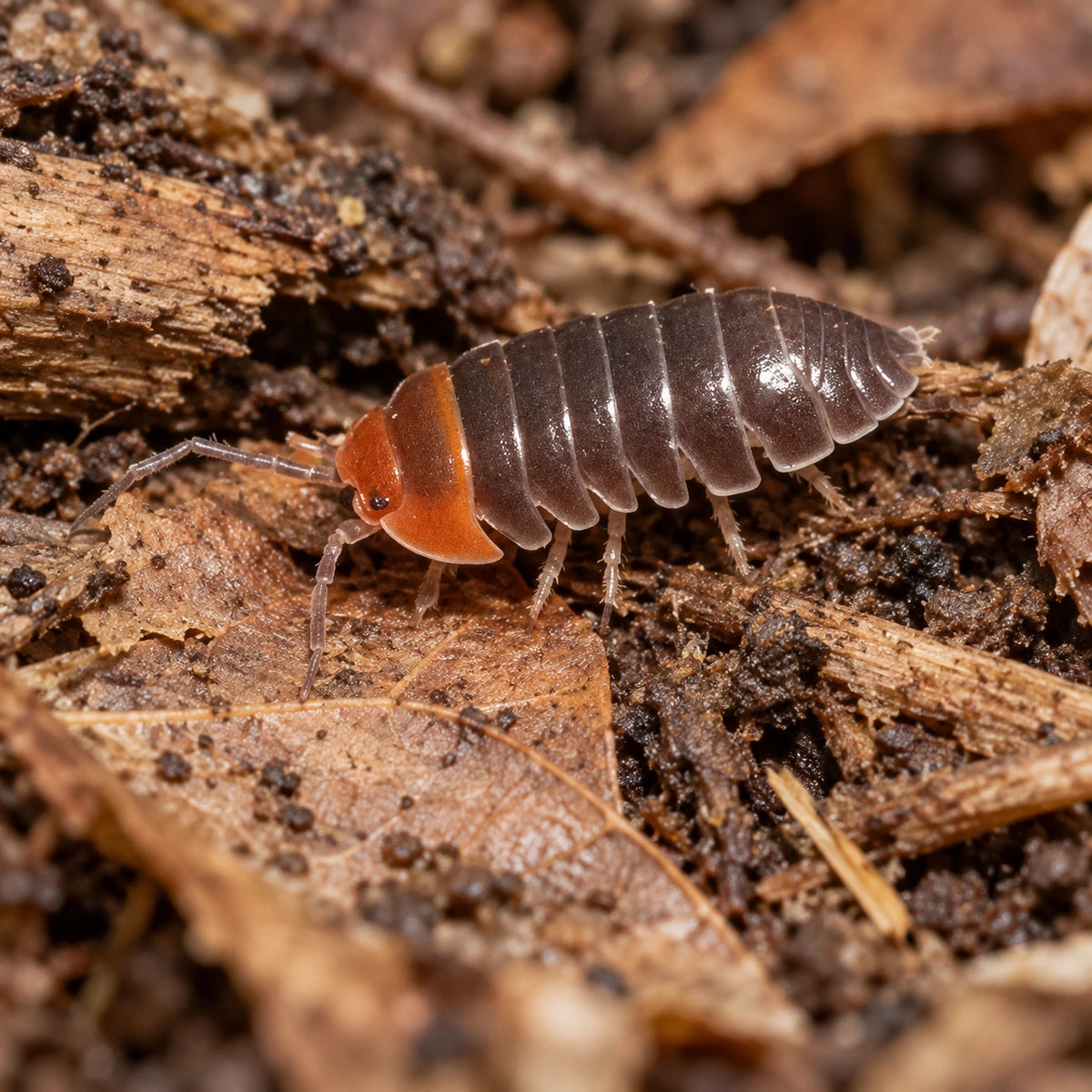 AI-generated reference-guided close view of Armadillidium flavoscutatum "Red Head" isopods.