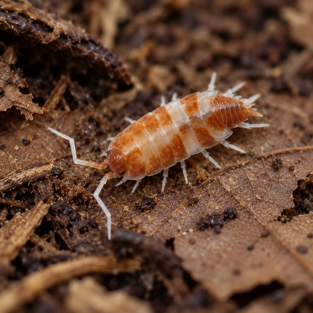 AI-generated reference-guided close view of Porcellionides pruinosus "Red Koi" isopods.