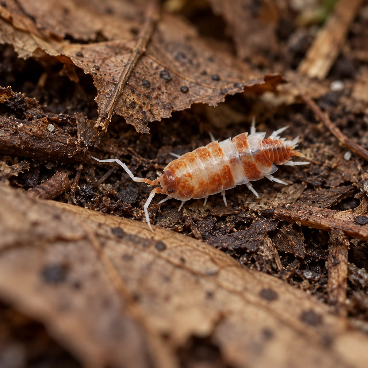 AI-generated reference-guided wide habitat view of Porcellionides pruinosus "Red Koi" isopods.