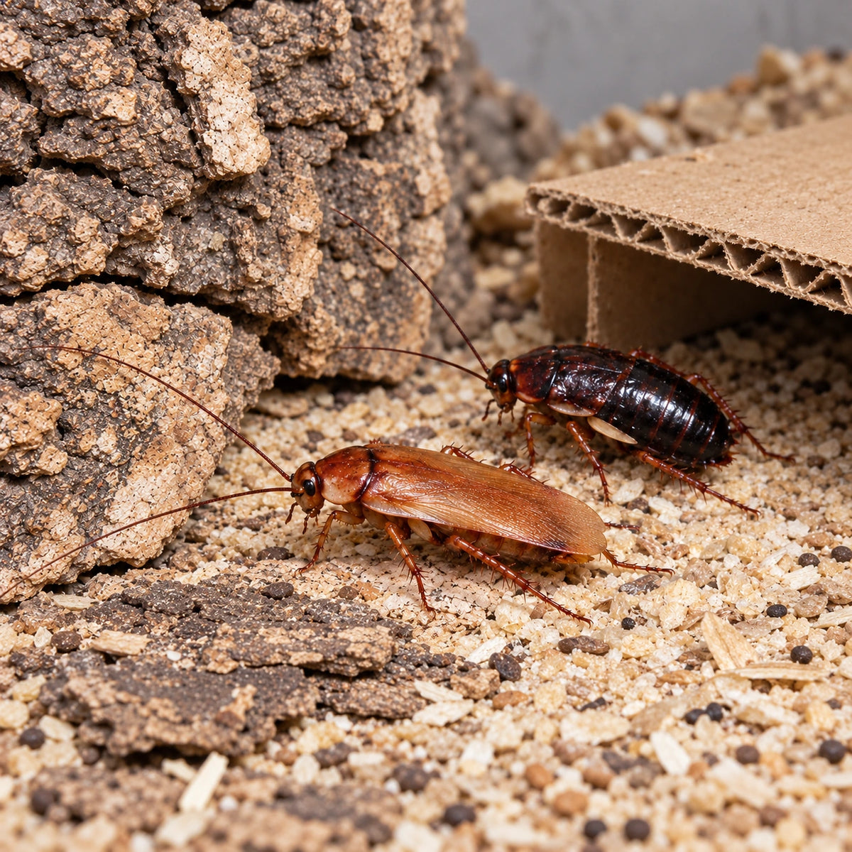 AI-generated reference-guided close view of adult red runner roach colony (Blatta lateralis). Reference: Happy1892, Wikimedia Commons. AI adaptation: new habitat and framing. CC BY-SA 3.0 https://creativecommons.org/licenses/by-sa/3.0/.