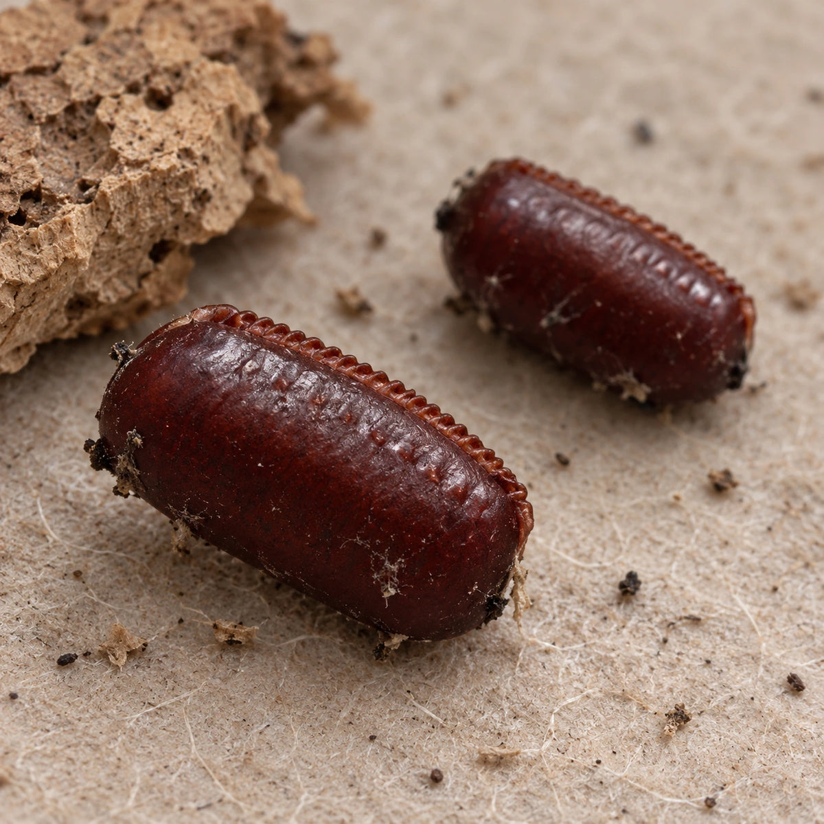 AI-generated reference-guided close view of red runner roach egg cases (Blatta lateralis oothecae). Reference: Happy1892, Wikimedia Commons. AI adaptation: new background and framing. CC BY-SA 3.0 https://creativecommons.org/licenses/by-sa/3.0/.
