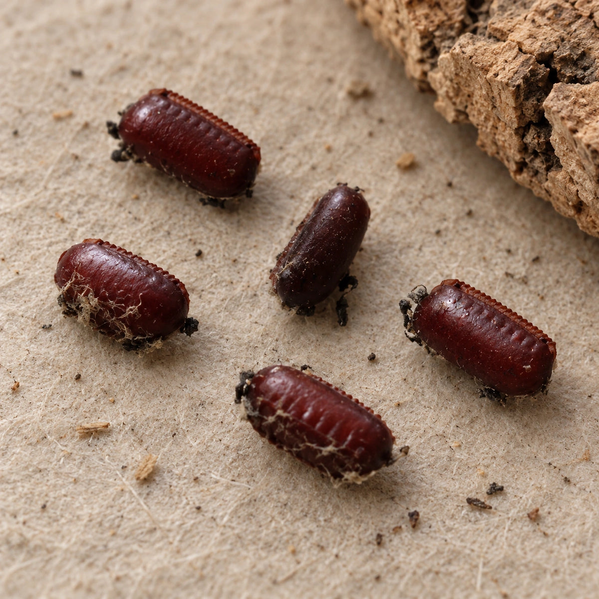 AI-generated reference-guided wide habitat view of red runner roach egg cases (Blatta lateralis oothecae). Reference: Happy1892, Wikimedia Commons. AI adaptation: new background and framing. CC BY-SA 3.0 https://creativecommons.org/licenses/by-sa/3.0/.