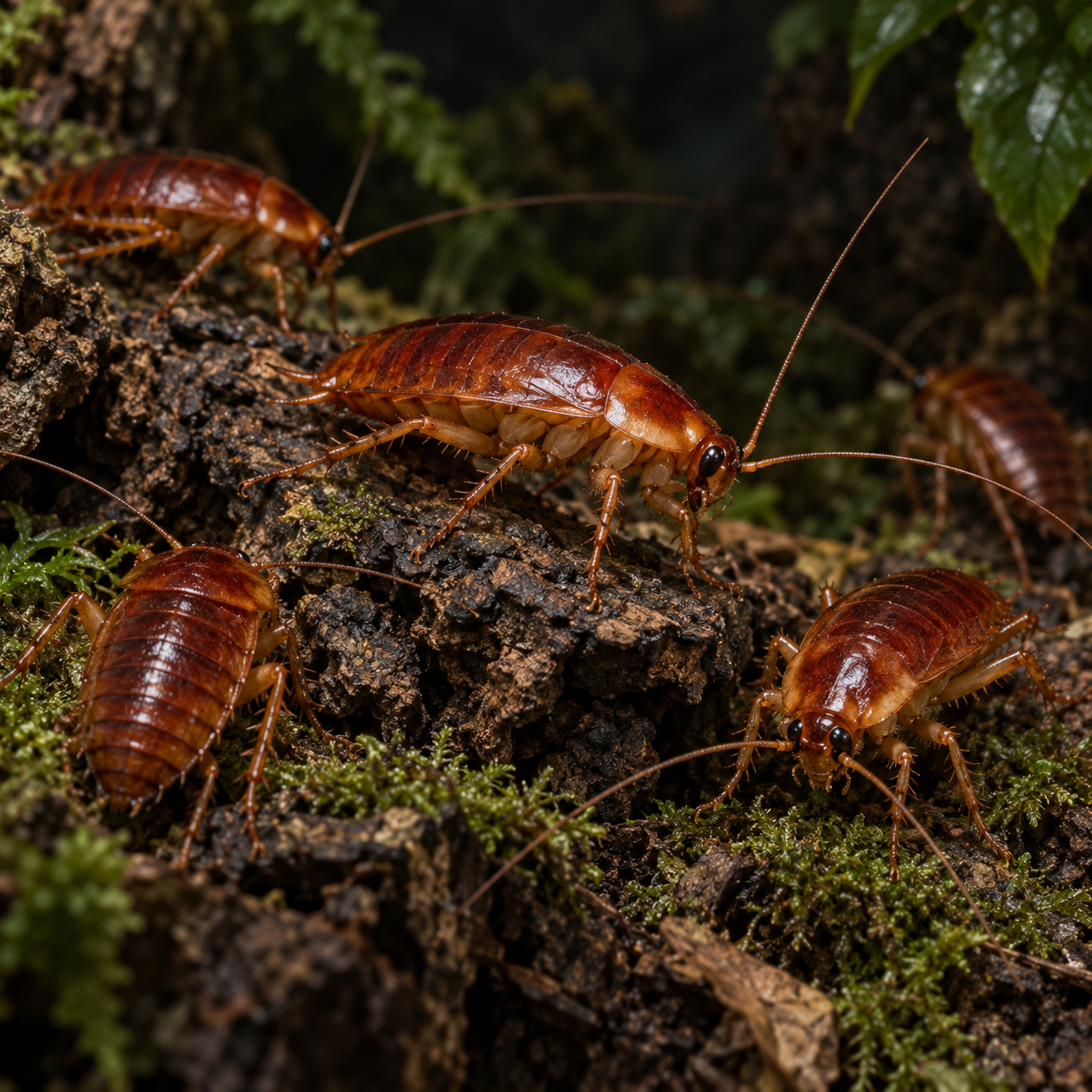Red Runner Roaches – Free Shipping on a dark forest-floor scene