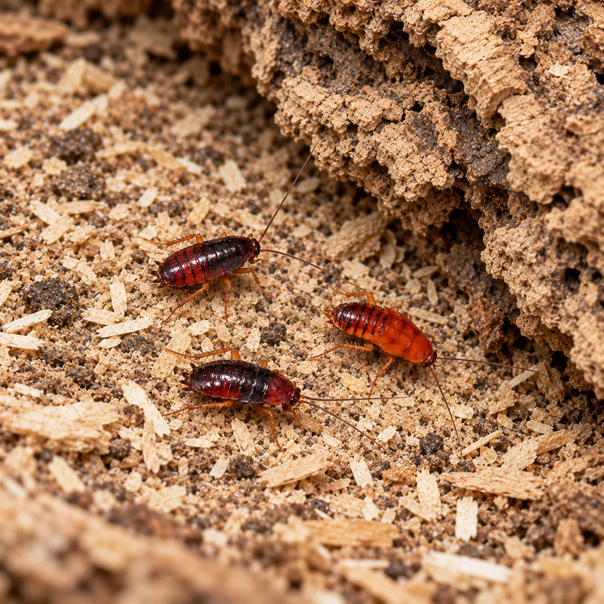 AI-generated reference-guided wide habitat view of red runner roach nymphs (Blatta lateralis). Reference: Happy1892, Wikimedia Commons, CC BY-SA 3.0 https://creativecommons.org/licenses/by-sa/3.0/. AI adaptation: new habitat and framing.