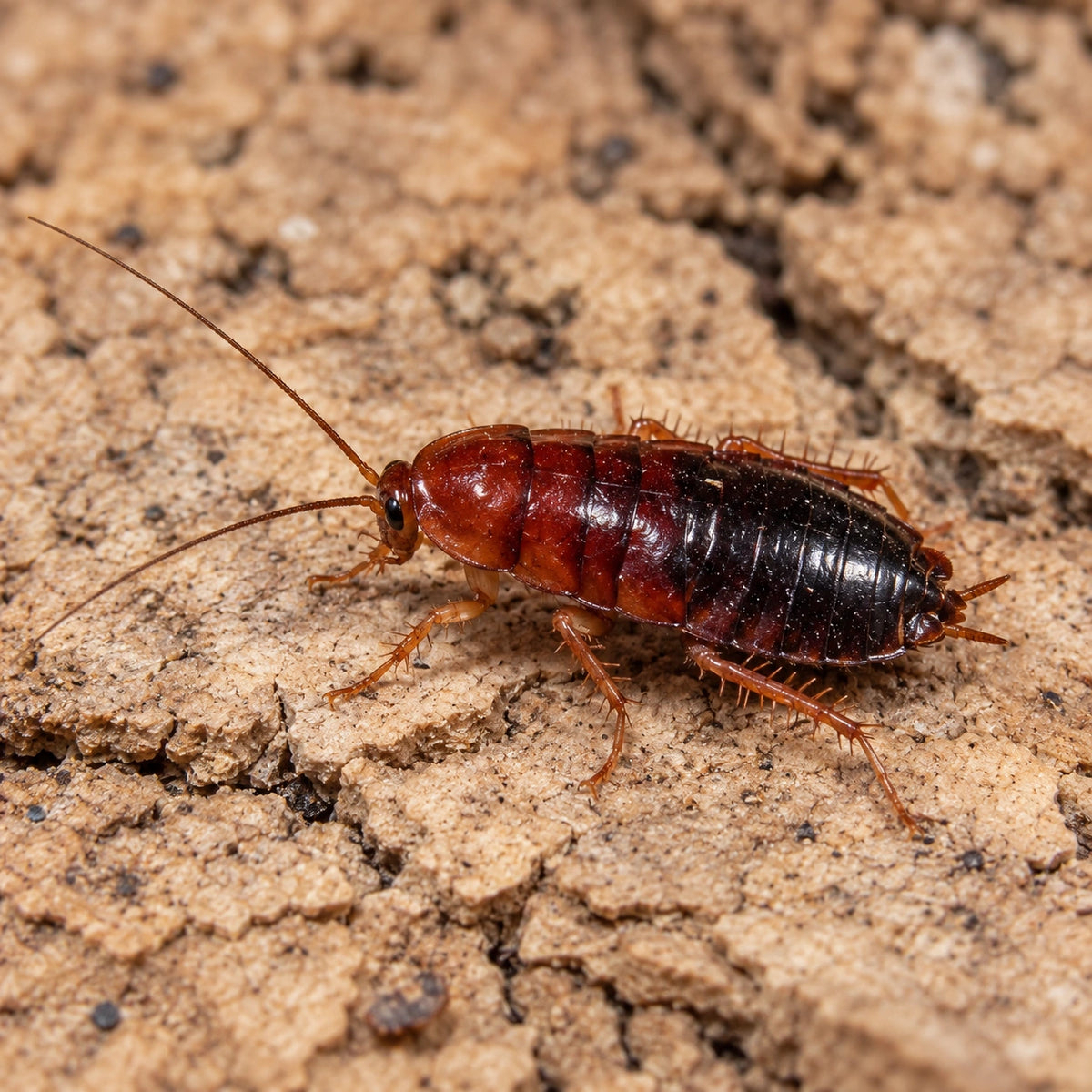 AI-generated reference-guided close view of red runner roach nymphs (Blatta lateralis). Reference: Happy1892, Wikimedia Commons. AI adaptation: new habitat and framing. CC BY-SA 3.0 https://creativecommons.org/licenses/by-sa/3.0/.