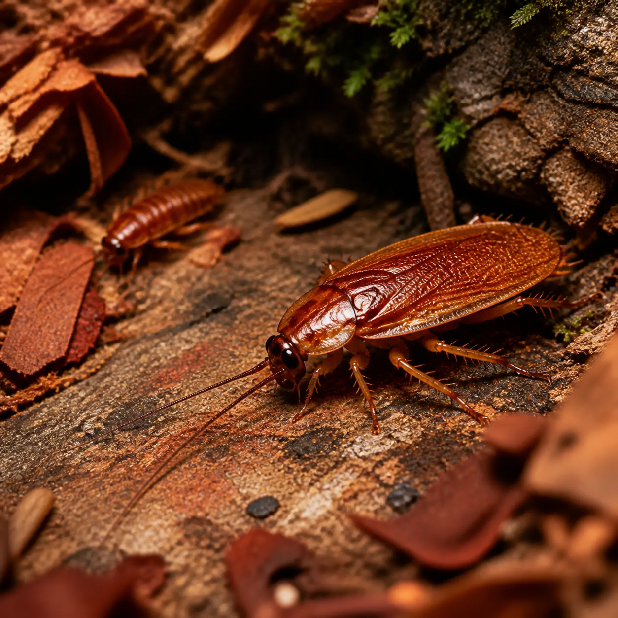 Live red runner roaches in a warm desert micro-habitat