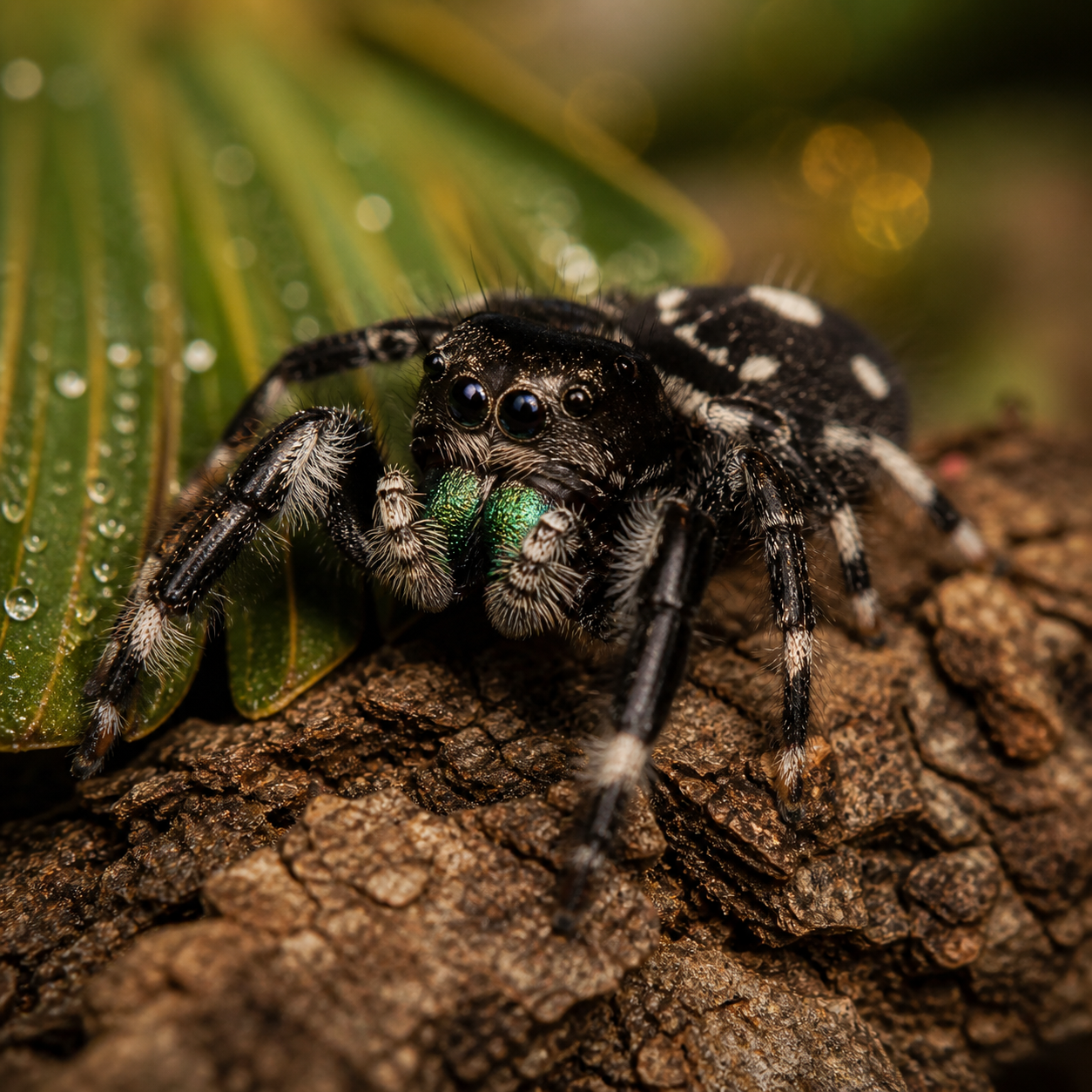 Male Regal jumping spider (Phidippus regius) in an arboreal habitat