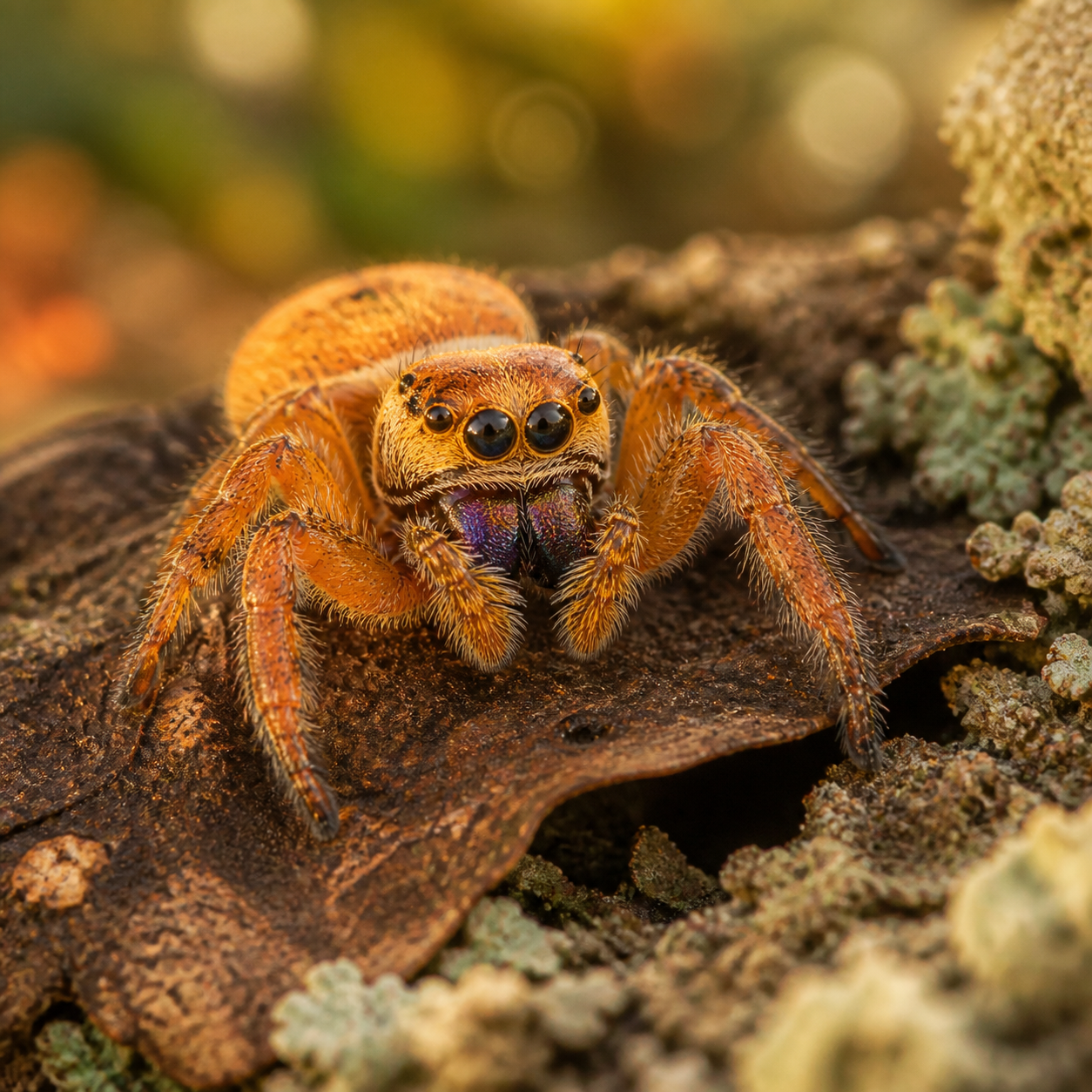 Orange female Regal jumping spider (Phidippus regius) in an arboreal habitat
