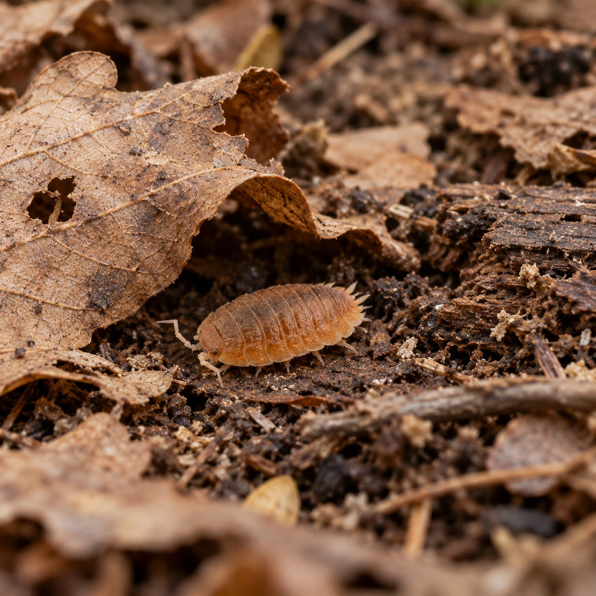 AI-generated reference-guided wide habitat view of Porcellio dilatatus Rust.