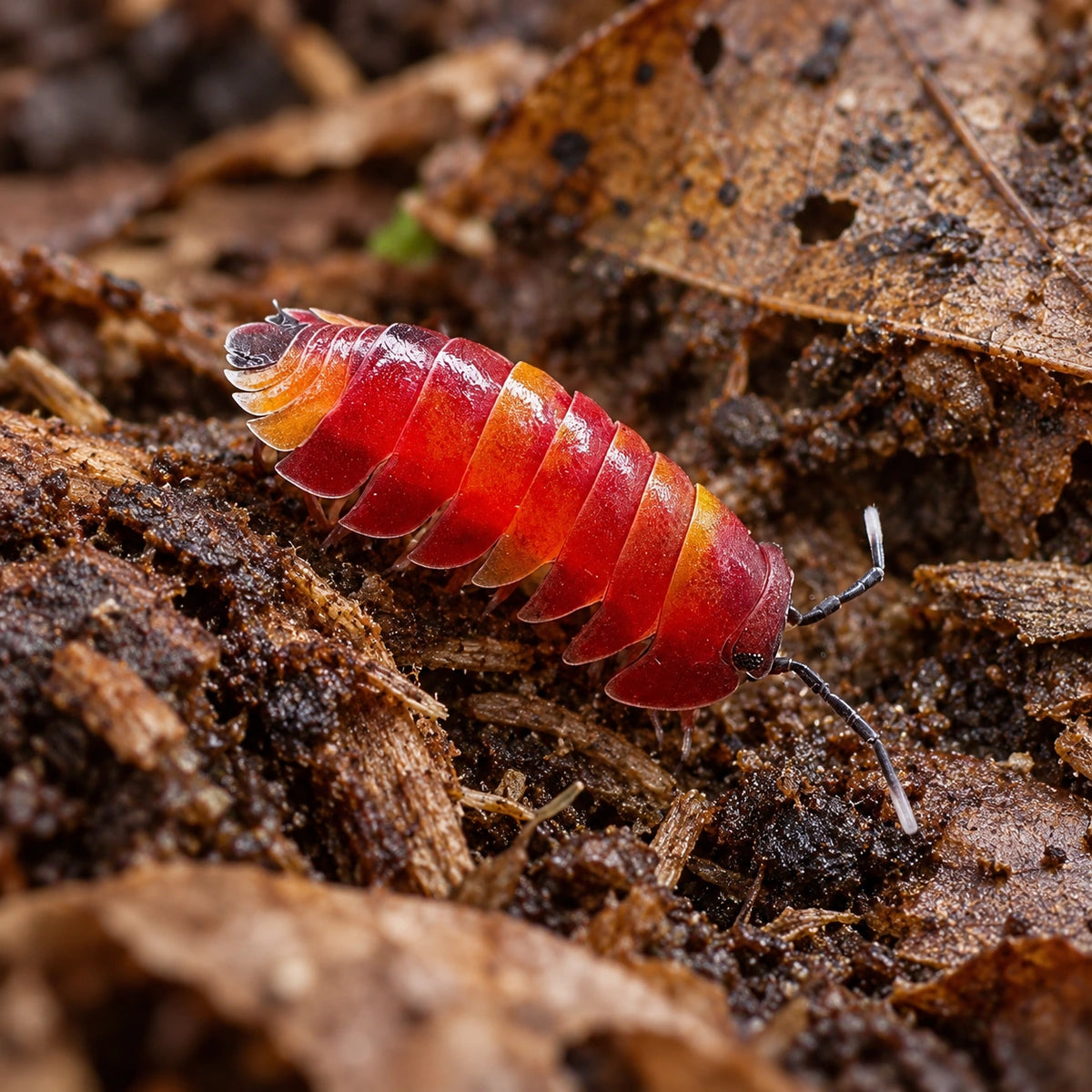 AI-generated reference-guided close view of Scarlet High Red Ardentiella isopods.