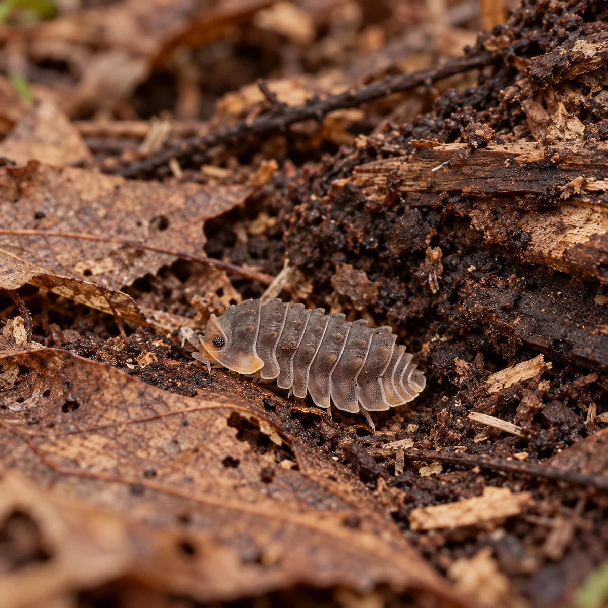 AI-generated reference-guided wide habitat view of Shiny Gator isopods.