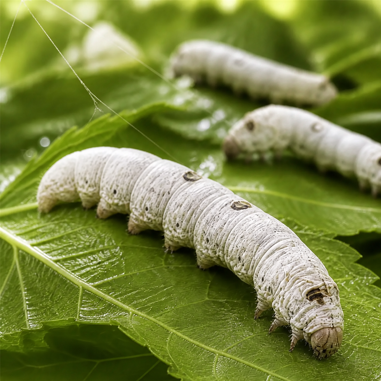 Live silkworms on mulberry leaves