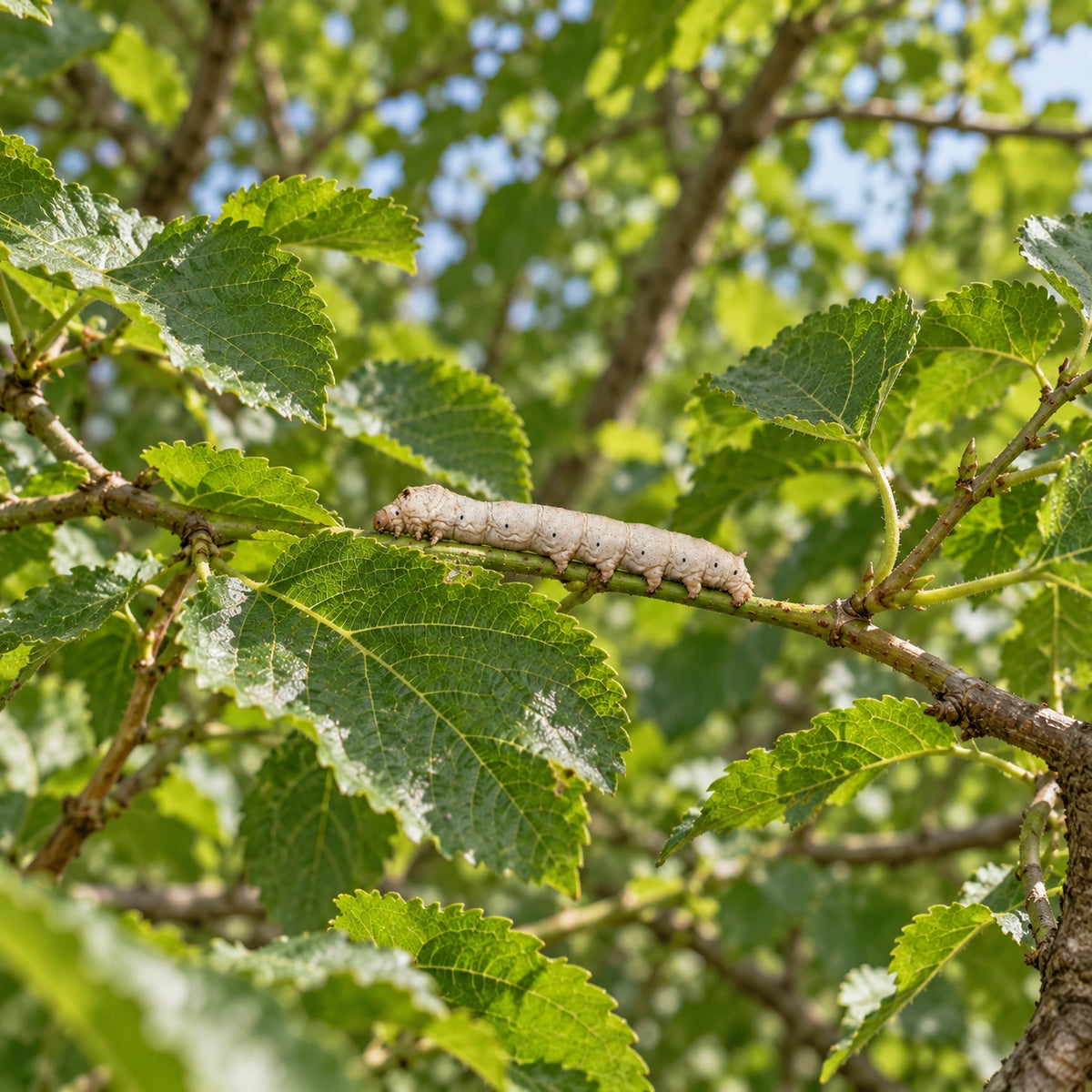 AI-generated reference-guided wide habitat view of silkworm (Bombyx mori). Real anatomy reference: Biodiversity of Cyprus. AI-generated new habitat and framing.