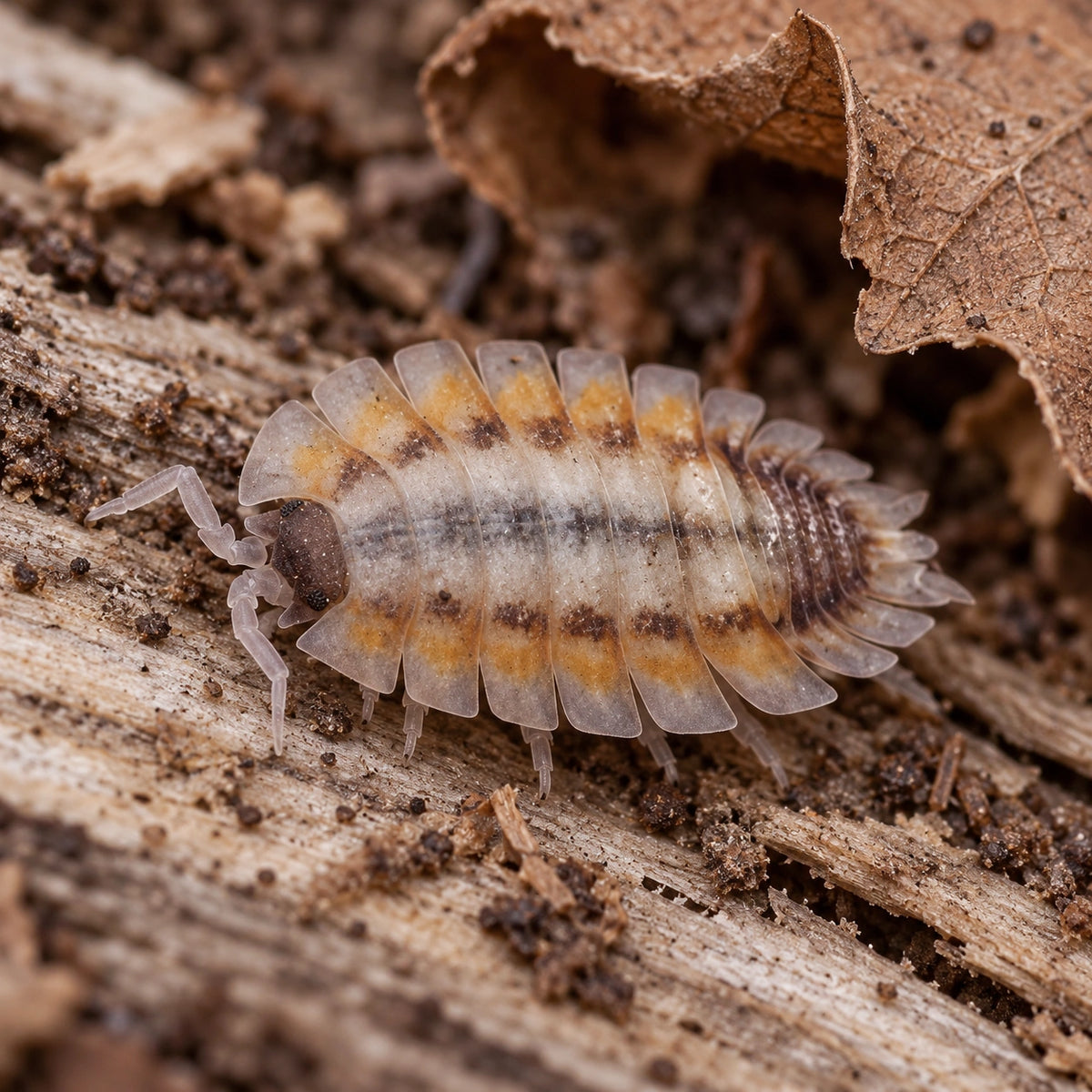 AI-generated reference-guided close view of Porcellio werneri Silver Back, showing its pale flat plates and amber markings.