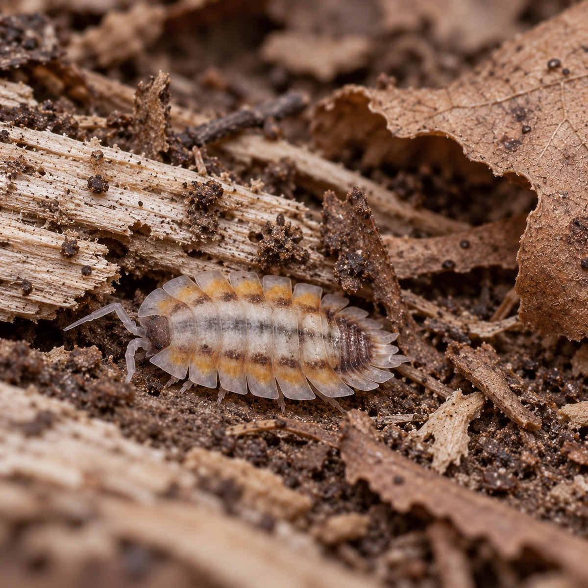 AI-generated reference-guided wide habitat view of Porcellio werneri Silver Back.