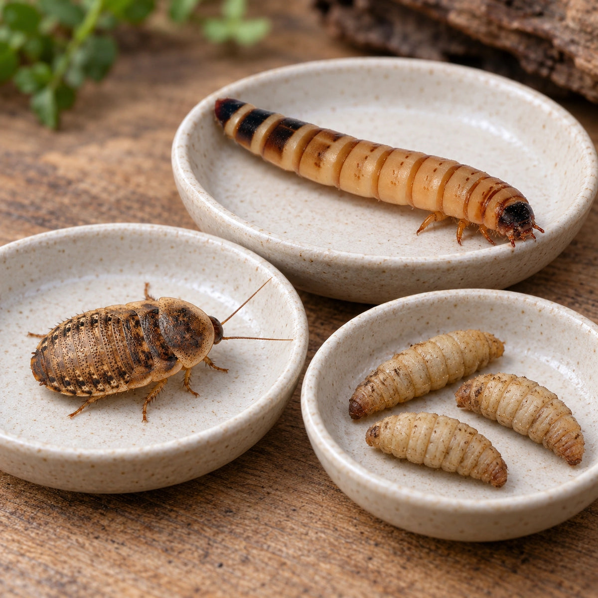 AI-generated reference-guided illustration of small Dubia nymphs, superworms and legless black soldier fly larvae. Representative animals, not the pack count. Superworm reference: Andre Karwath, CC BY-SA 2.5; setting and framing changed.