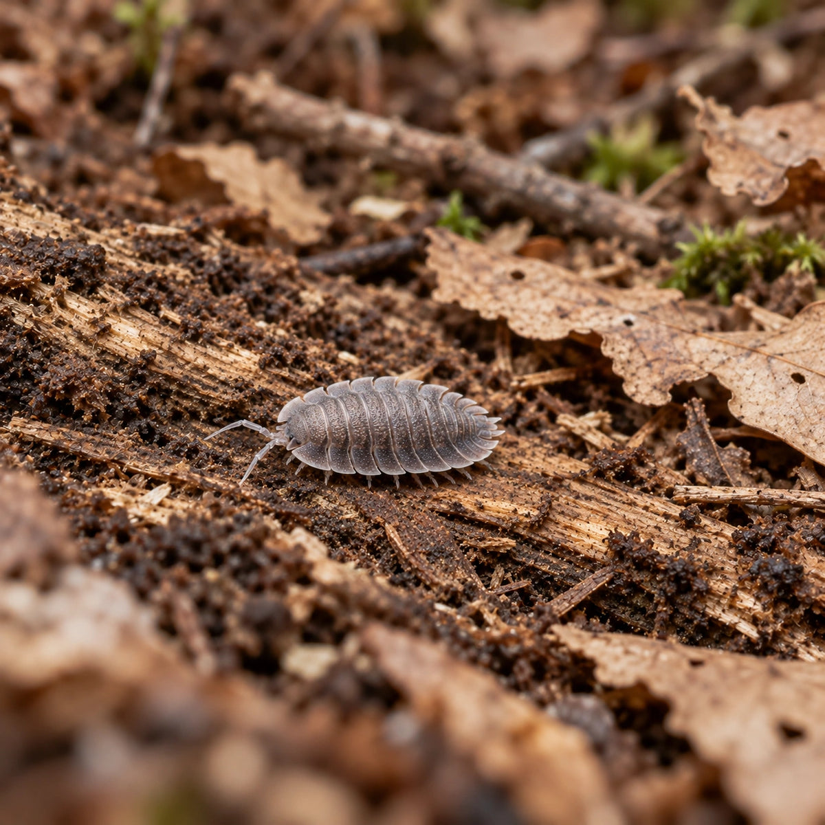 AI-generated reference-guided wide habitat view of Porcellio spatulatus.