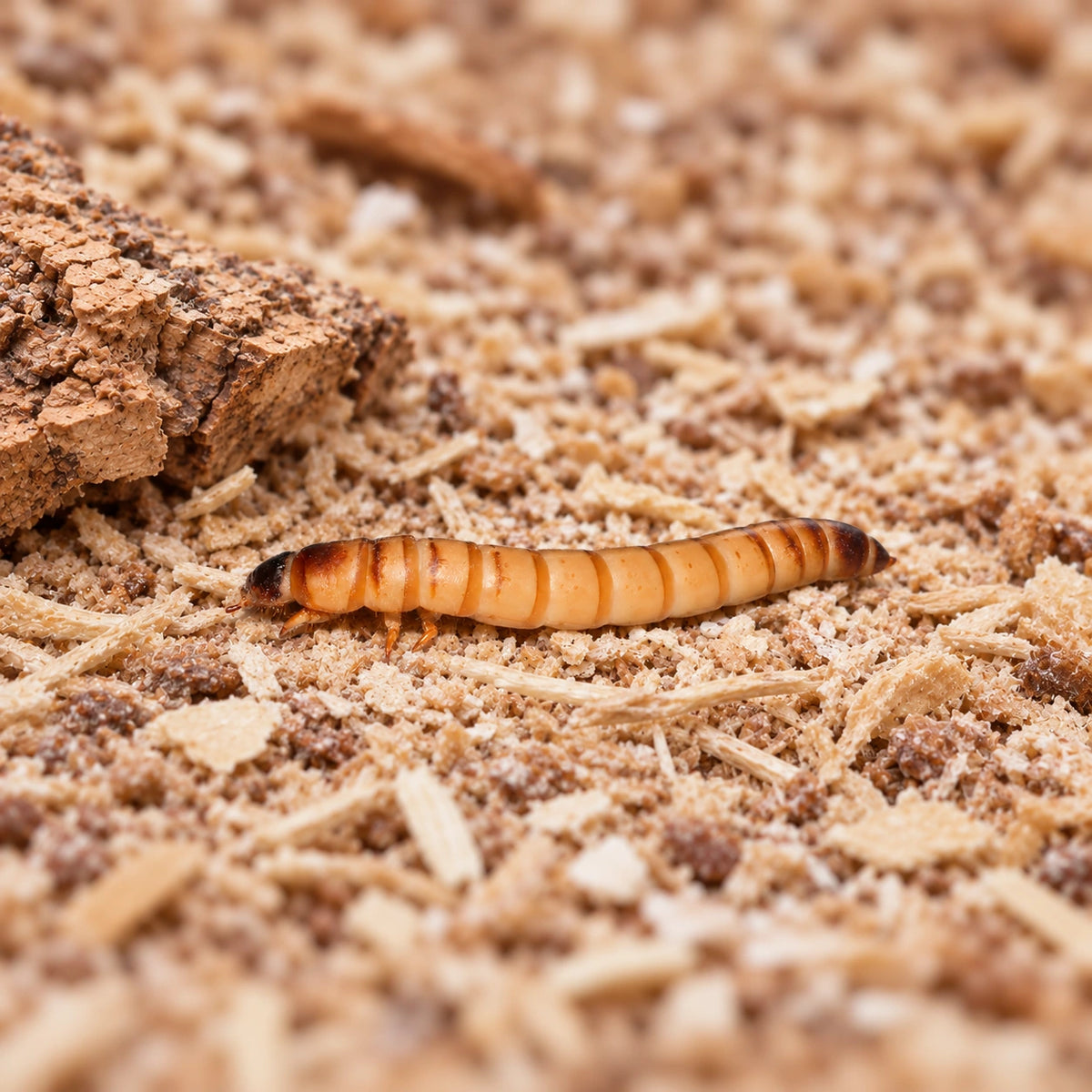 AI-generated reference-guided wide habitat view of superworm larva (Zophobas morio). Reference: Andre Karwath (Aka), Wikimedia Commons. AI adaptation: new habitat and framing. CC BY-SA 2.5 https://creativecommons.org/licenses/by-sa/2.5/.