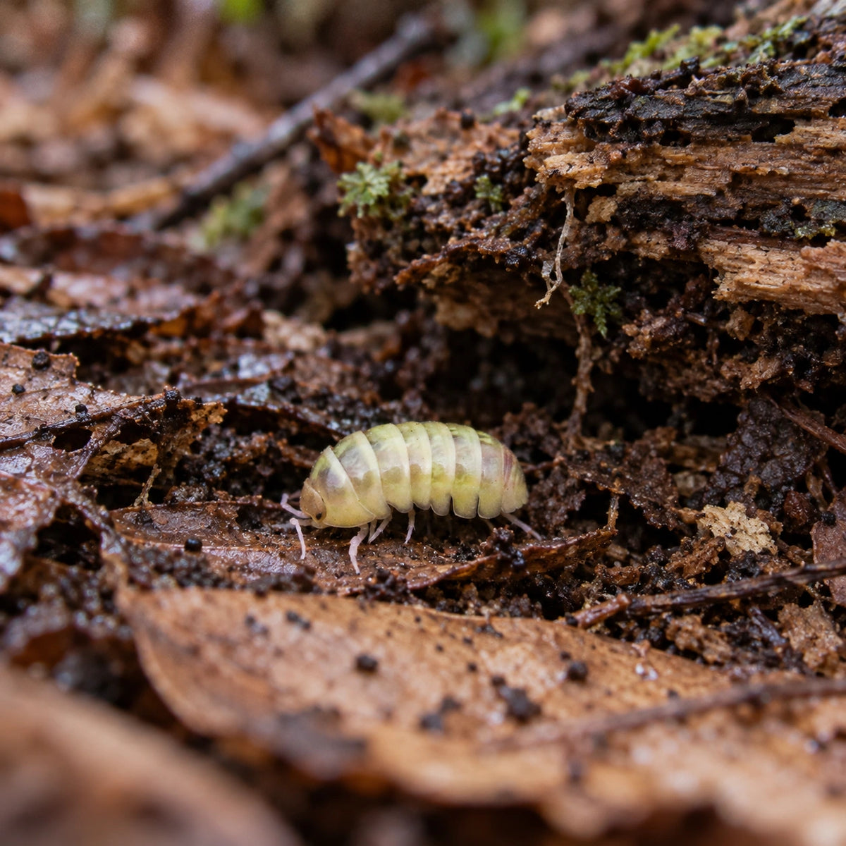 AI-generated reference-guided wide habitat view of T-positive Albino isopods.