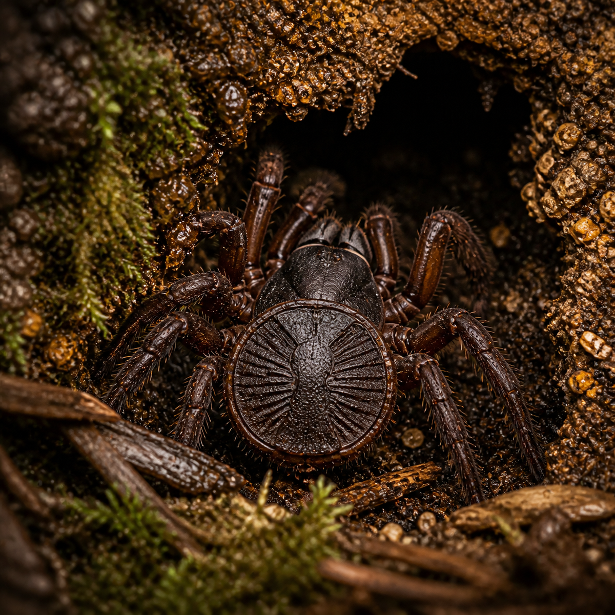 Thai Hourglass trapdoor spider (Cyclocosmia lannaensis) showing its disc-shaped abdomen