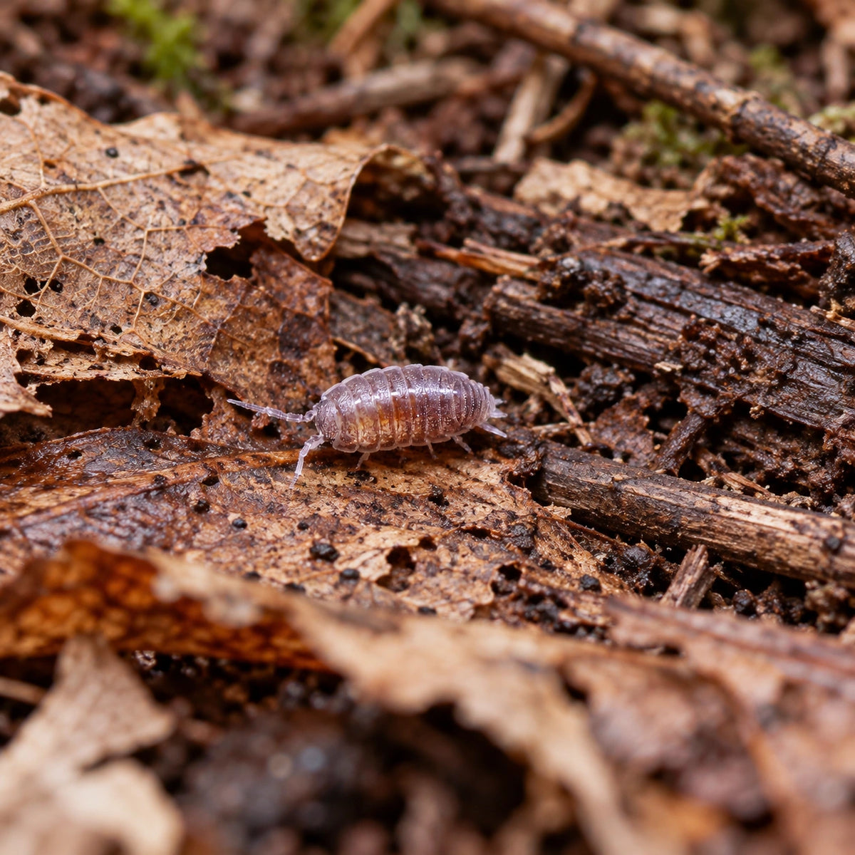 AI-generated reference-guided wide habitat view of Trichoniscus sp. Dwarf Purple isopods.