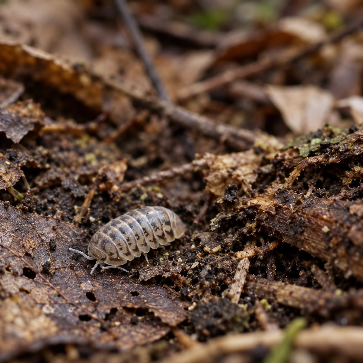 AI-generated reference-guided wide habitat view of Venezillo 264 isopods.