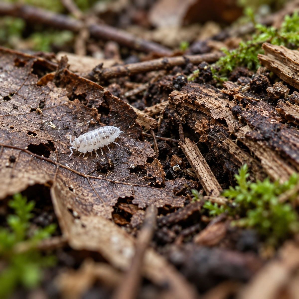 AI-generated reference-guided wide habitat view of Venezillo parvus Dalmatian isopods.