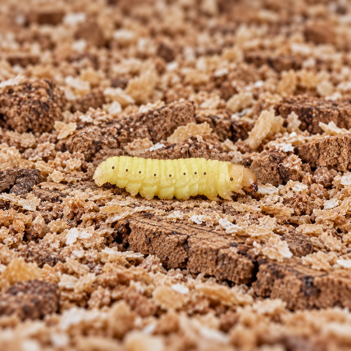 AI-generated reference-guided wide habitat view of waxworm (Galleria mellonella). Real anatomy reference: USGS BIML / Wayne Boo, public domain. AI-generated new background and framing.