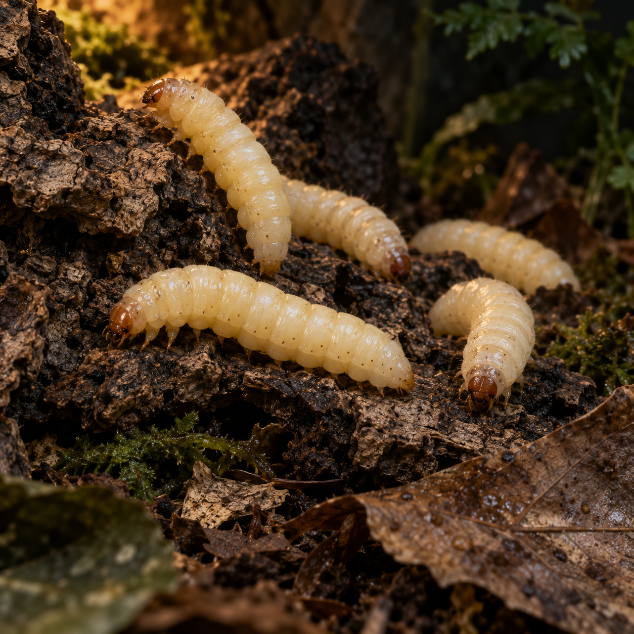 Live Waxworms – Free Shipping in a dark forest-floor scene