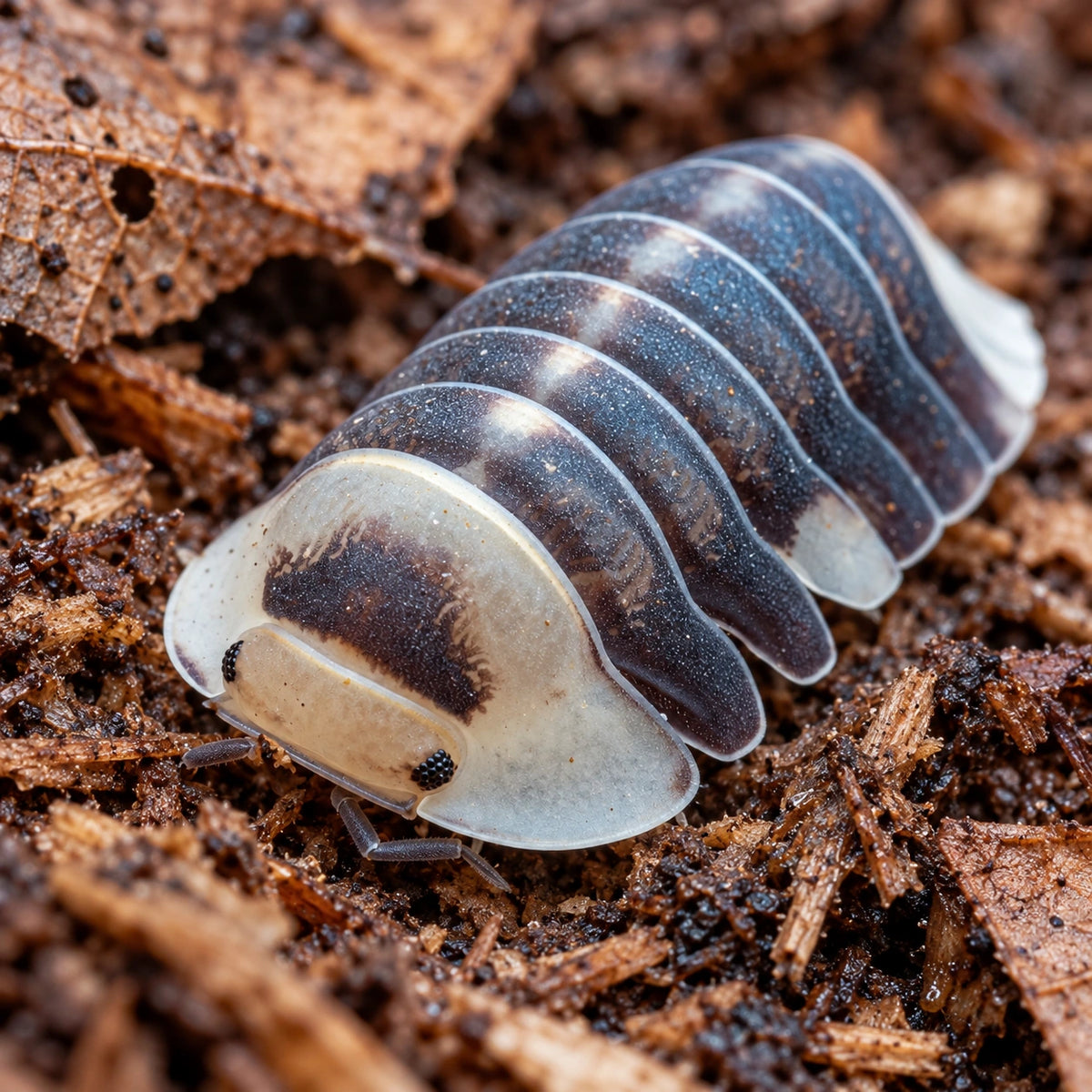 AI-generated reference-guided close view of White Ducky isopods.
