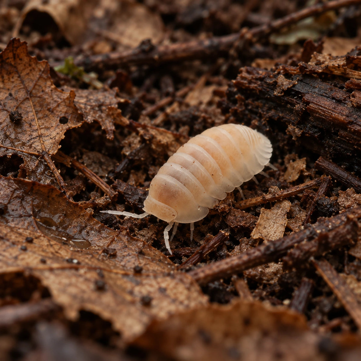 AI-generated reference-guided wide habitat view of White Panda isopods.