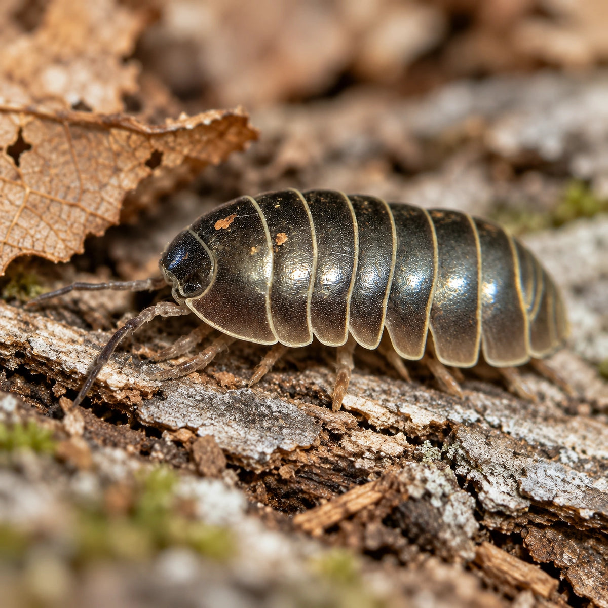 AI-generated reference-guided close view of wild-type Armadillidium vulgare. Reference photograph: Xeroporcellio, CC BY 4.0, https://commons.wikimedia.org/wiki/File:Armadillidium_vulgare_male.jpg. Setting and framing changed.