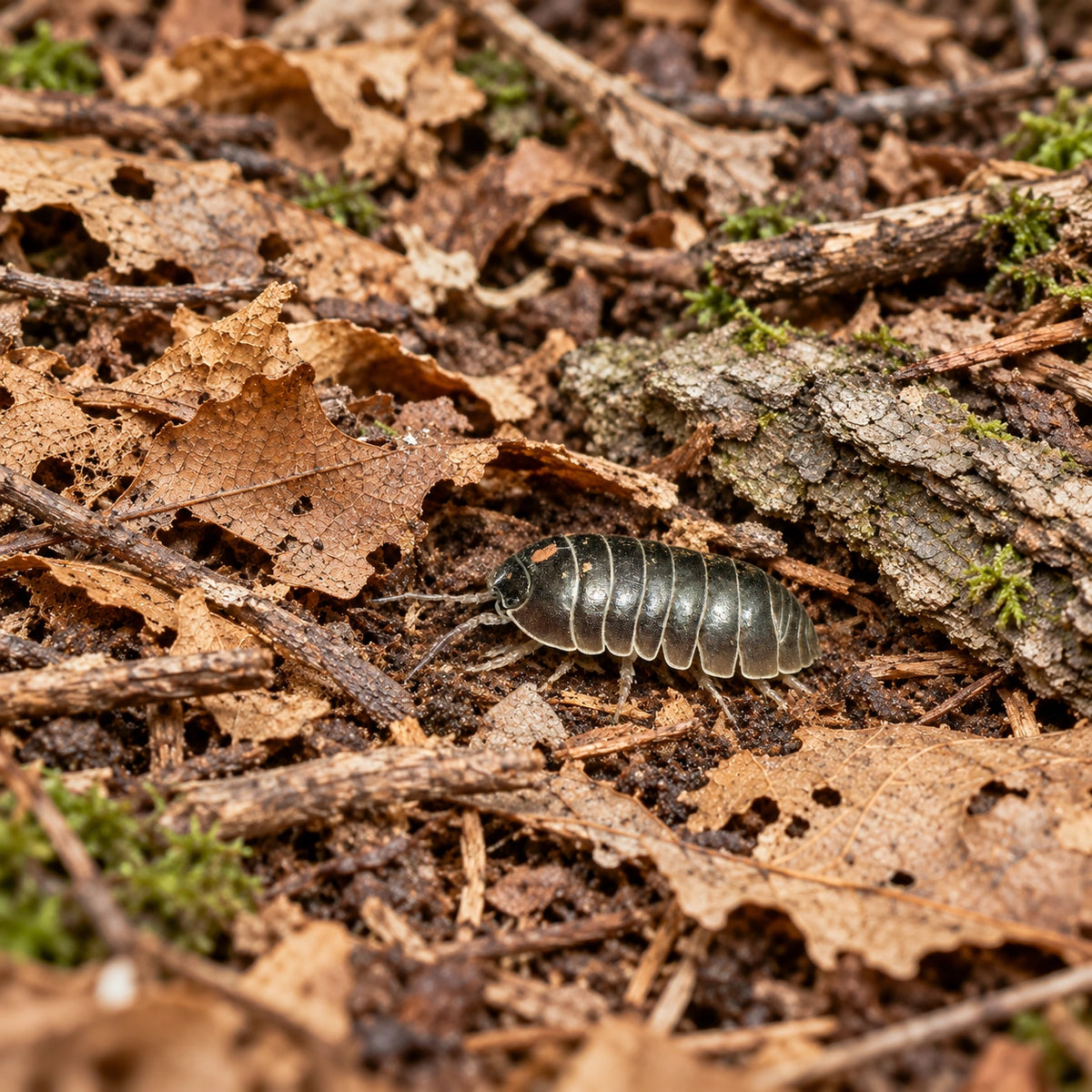 AI-generated reference-guided wide habitat view of wild-type Armadillidium vulgare. Reference photograph: Xeroporcellio, CC BY 4.0, https://commons.wikimedia.org/wiki/File:Armadillidium_vulgare_male.jpg. Setting and framing changed.