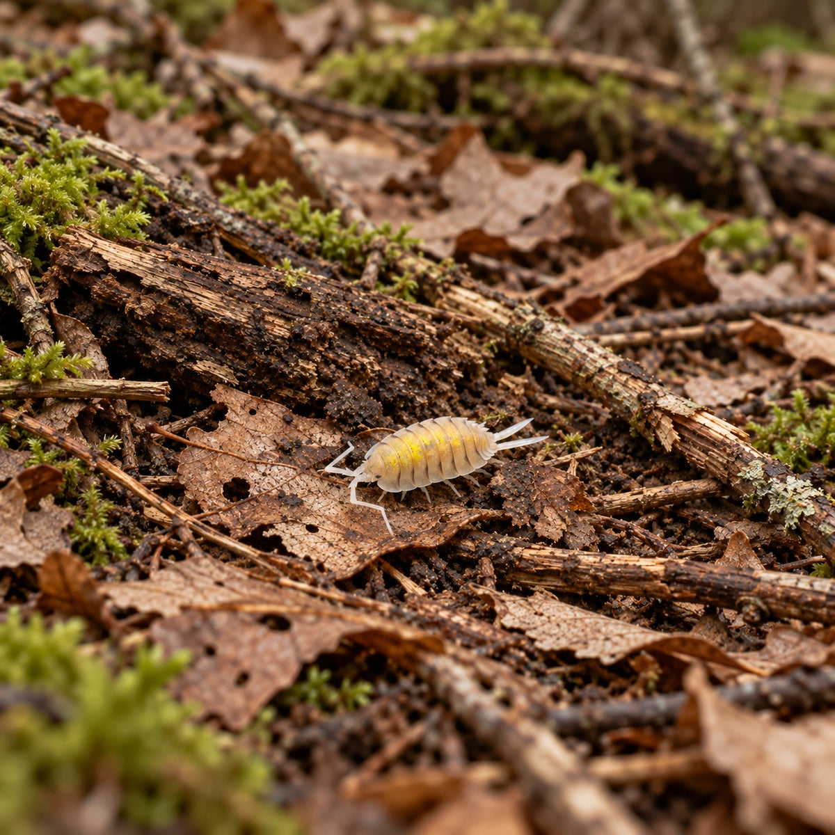 AI-generated reference-guided wide habitat view of Yellow Ghost isopods.