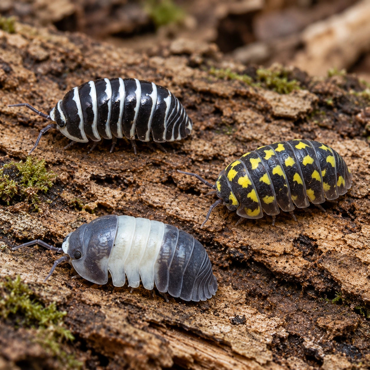 AI-generated reference-guided illustration of Zebra, Gestroi and Panda King isopods, showing their different stripe, spot and cream-patch markings.