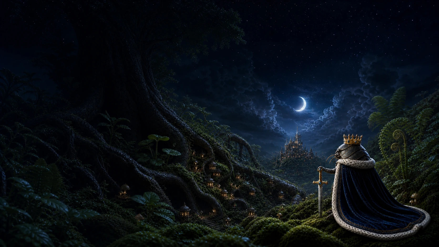 The crowned Isopod King overlooking a moonlit miniature kingdom nestled among enormous tree roots, moss, and ferns